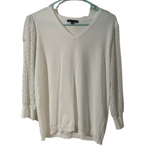 Adrianna Papell White V-Neck Sheer Sleeve Sweater M